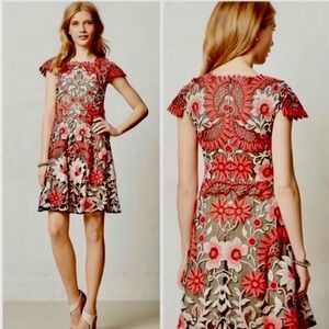 Anthropologie Baraschi Embroidered Lace Red Black Cream Dress Size 2